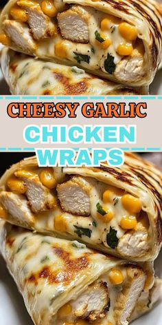 Cheesy Garlic Chicken Wraps 🧄🧀🌯  Ingredients:  2 cups cooked chicken (shredded) ½ cup shredded mozzarella cheese ½ cup shredded cheddar cheese 2 garlic cloves (minced) 2 tablespoons butter ¼ cup sour cream ¼ cup mayonnaise 4 large tortillas Salt and pepper (to taste) Fresh parsley (chopped, for garnish) Instructions:  Sauté the Garlic: In a skillet over medium heat, melt the butter. Add the minced garlic and sauté until fragrant, about 1-2 minutes.  Prepare the Filling: In a large bowl, combine the shredded chicken, mozzarella, cheddar cheese, sour cream, mayonnaise, and the sautéed garlic. Season with salt and pepper to taste. Garlic Cheesy Chicken Wraps, Garlic Chicken Wrap Recipes, Cheesy Garlic Wraps, Easy Soft Food Dinner Ideas, Cheesy Chicken Garlic Wrap, Chicken Wrap Recipes Tortillas, Cheese Garlic Chicken Wraps, Chicken Wrap Sandwiches, Garlic Chicken Wraps