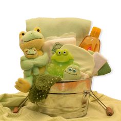 a basket filled with stuffed animals and other items