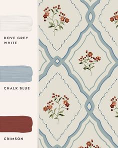 the color scheme for this wallpaper is blue, brown and white with red flowers on it