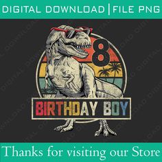 an image of a dinosaur birthday shirt with the number 8 on it and text that reads,