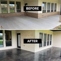 before and after photos of a house being painted white with black lettering on the front porch