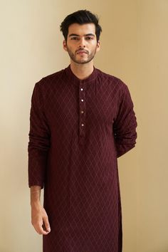 Buy Contrast By Parth Maroon Chikankari Embroidered Kurta Set Online | Aza Fashions Kurta Designs Men's, Chikankari Kurta, Chic Dress Classy