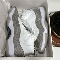 Worn Once Womens Air Jordan 11 Retro White And Silver Glitter Jordan Shoes Women, Womens Air Jordan, Womens Air Jordans, Air Jordan 11 Retro, Jordan 11 Retro, Womens Jordans, Air Jordan 11, Jordan 11, Retro Color