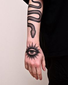 a person's hand with an eye and snake tattoo on the left arm,