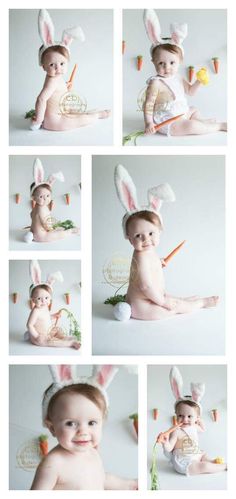 a baby in bunny ears sitting on the ground with carrots and an easter egg