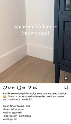 an image of a bathroom with wood flooring and white walls, including the words sherylin williams snowbound