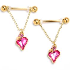 Product Details14 Gauge 9/16 Pink Gem Gold Tone Strawberry Love Dangle Nipple Ring Set How delicious this 14 gauge nipple jewelry looks. It is made with 14mm gold tone PVD over 316L surgical grade stainless steel straight barbells with 5mm ball ends. Each barbell supports a dangling length of matching chain. Hanging from each of the chains are a pink gem strawberry with detailed embellishment which is set with pink gems. You will be feeling the summer strawberry love with these fabulous fruit ni Gold Heart-shaped Body Jewelry As Gift, Pink Heart-shaped Body Jewelry For Valentine's Day, Pink Body Jewelry For Valentine's Day Gift, Gold Heart Jewelry With Internally Threaded Details, Gold Internally Threaded Body Jewelry As Gift, Hypoallergenic Gold Body Jewelry For Gift, Strawberry Love, Piercing Rings, Jewelry Looks