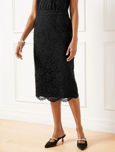 A stunning floral lace overlay adds a romantic touch to our sophisticated pencil skirt. Crafted with a hidden back zipper and feminine scallop hem. The sleek, elongated silhouette goes from the office to dinner with ease. Features Pencil Hits Below Knee Hidden back zip closure Lined Imported Fit: Misses: 29 1/2" Petite: 27" Material: 61% Cotton, 27% Nylon, 12% Rayon; Lining: 100% Polyester Care: Hand Wash Cold; Only Non-Chlorine Bleach When Needed; Or Dry Clean; Tumble Dry Low; Cool Iron, If Needed | Floral Lace Pencil Skirt Talbots Lace Pencil Skirt, Classic Style Women, Family Event, Scalloped Hem, Lace Overlay, Floral Lace, Denim Skirt, Sleek, Pencil Skirt