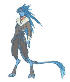 a drawing of a blue - headed creature with long hair and fur on it's back legs