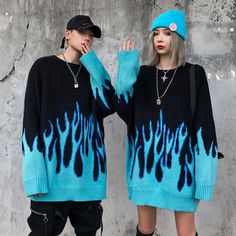 Blue Flame Sweater, Flame Sweater, Flame Pattern, Sweater Streetwear, Couples Sweaters, Egirl Outfits, Oversize Pullover, Vintage Hip Hop, Flame Design