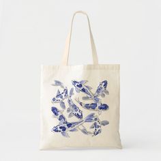 Blue and white Koi Tote Bag Color: Natural. Gender: unisex. Age Group: adult. Chinese Pattern Design, Fish Tote Bag, Coy Fish, Canvas Bag Design, Blue Tote Bag, Diy Tote Bag, Blue Tote, Casual Accessories, Novelty Print