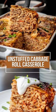 an unstufffed cabbage roll casserole is stacked on top of another casserole