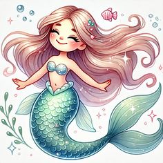 a drawing of a mermaid with long hair and a fish on it's tail