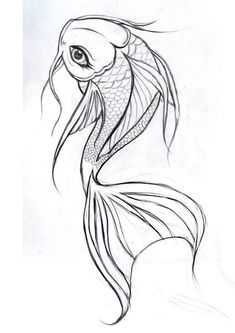 a pencil drawing of a fish with long tail and large eyes on it's head