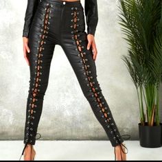 Tall Black Faux Leather Coated Lace Up Denim Real Laces! Brand New Never Worn Edgy Fitted Leather Pants For Spring, Fitted Edgy Leather Pants For Spring, Faux Leather Coat, Jean Color, Black Faux Leather, Colored Jeans, Pant Jumpsuit, Pants For Women, Faux Leather