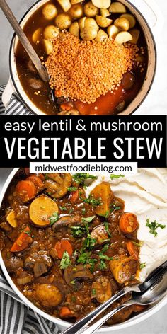 two bowls filled with stew and vegetables next to each other