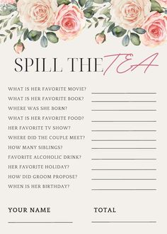 a pink rose themed fill in the blank for a tea party