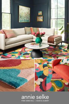 a living room with blue walls, colorful rugs and an area rug in the middle