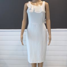 Calvin Klein Dress New , Size 4, Color Cream White Ruffled Midi Dress For Work, White Sheath Dress With Ruffles, White Ruffled Sheath Dress, Elegant White Sleeveless Sheath Dress, Elegant White Sheath Sleeveless Dress, White Sheath Midi Dress In Feminine Style, White Feminine Sheath Midi Dress, Elegant White Sleeveless Dress With Ruffles, Feminine White Sheath Midi Dress