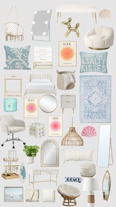 an assortment of furniture and decor items arranged in a collage on a white background