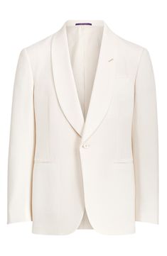 Classic in color, cut and composition, this cream-hued dinner jacket sets a polished course, tailored with a shawl collar and welt pockets from wool barathea. 30" length (size 40R) One-button closure Shawl collar Nonfunctional four-button cuffs Chest welt pocket; front welt pockets Side vents Cupro lining 100% wool Dry clean Made in Italy Men's Designer Clothing Formal Beige Shawl Collar Outerwear, Formal Beige Outerwear With Shawl Collar, Beige Shawl Collar Outerwear For Formal Occasions, Elegant White Suit With Concealed Placket, Elegant White Silk Outerwear, Elegant Single Breasted Outerwear With Shawl Collar, Elegant Cream Outerwear With Shawl Collar, Elegant Single Breasted Shawl Collar Outerwear, Elegant Cream Shawl Collar Outerwear