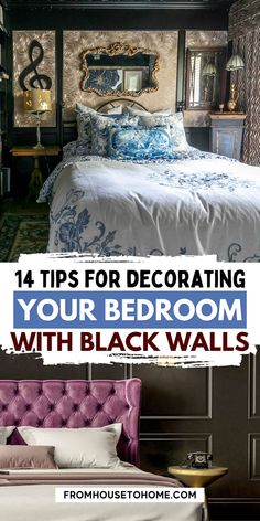 14 tips for decorating your bedroom with black walls Black Walls Interior, Black Bedroom Walls, Bookcase In Bedroom, Master Bedrooms Decor Romantic, Yellow Headboard, Black Bedroom Ideas, Fall Bedroom Ideas, Decorating Your Bedroom