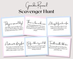 four handwritten scavenger hunt cards with the words