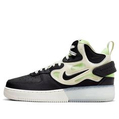 The Nike Air Force 1 Mid React 'Black Neon' is a stylish sneaker that is perfect for everyday wear. It features a black leather base with a transparent mesh upper revealing a neon green inner boot and tongue. The semi-transparent midsole is topped with a heel lock strap and Nike React cushioning system for added comfort. This sneaker is inspired by the classic Air Force 1 silhouette and is sure to turn heads. Whether you're running errands or going out with friends, the Nike Air Force 1 Mid React 'Black Neon' is the perfect sneaker for any occasion. (AF1/SNKR/Skate/Men's/Mid Top) Green Fade-resistant Mesh Sneakers, Nike Breathable High-top Synthetic Sneakers, Nike Breathable Synthetic High-top Sneakers, Modern Black Nylon Sneakers, Mid-top Mesh Sneakers With Translucent Outsole, Fade-resistant Mesh High-top Sneakers For Streetwear, Modern Mesh High-top Running Sneakers, Black Nylon High-top Sneakers For Streetwear, Modern Mesh High-top Sneakers For Running