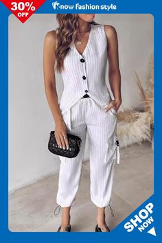 Casual British Style Striped Draw String Pocket Buckle V Neck Sleeveless Two Pieces String Pocket, Sleeveless Suit, Two Piece Pants Set, Casual Sets, British Style, Wholesale Fashion, Two Pieces, Pants Set, Elastic Waist