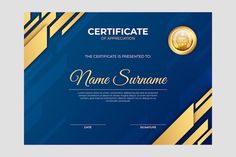 a certificate is shown with blue and gold stripes