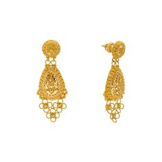 Indulge in essence of opulence with these 22k gold earrings by Virani Jewelers. The intricate design, bathed in the warmth of 22k yellow gold, softly graces your ears with refined beauty. Each detail becomes a testament to the craftsmanship and enduring allure found in our fine gold Indian jewelry. Adorn yourself with a touch of sophistication and the timeless richness of 22k gold.Features.• 22k yellow gold• Filigree details• BeadingSpecifications:• Minimum Width - 1 millimeter• Maximum Width - Gold Plated Filigree Earrings For Diwali, 22k Gold Filigree Earrings, Ornate Filigree Earrings For Diwali, Festive Yellow Gold Chandelier Drop Earrings, Elegant Yellow Earrings For Festivals, 22k Gold Filigree Danglers, Elegant Yellow Festive Earrings, Gold Filigree Danglers In 22k Gold, Elegant 22k Gold Earrings For Diwali