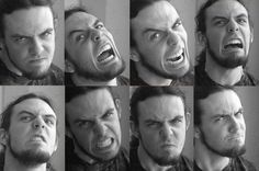 multiple images of different facial expressions in black and white, with one man's face slightly open