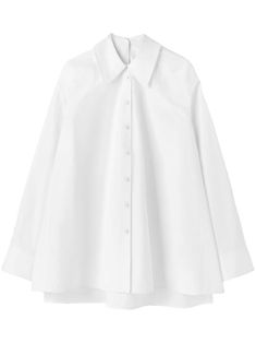 white cotton straight-point collar drop shoulder long sleeves buttoned cuffs front button fastening rear curved hem Oversized White Top With Lapel Collar, White Oversized Top With Lapel Collar, Oversized Blouse With Button Cuffs And Fold Down Collar, Oversized White Blouse With Button Closure, Oversized Office Blouse With Fold Down Collar, Oversized Lapel Collar Blouse With Button Cuffs, Oversized White Shirt With Buttons, White Oversized Shirt With Lapel Collar, Oversized Blouse With Button Cuffs And Lapel Collar