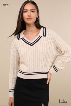 Getting dressed is always a quick success with the Lulus Posh Expert Beige Cable Knit Pullover Varsity Sweater! You'll master the ability to create cute and cozy looks this season with this classic cable knit sweater that features chic collared neckline, long sleeves with drop shoulders, and a boxy, wide-cut bodice. Contrasting ribbed knit and navy blue striped trim accent the neckline, cuffs, and hem to complete the varsity-inspired look! Fit: This garment fits true to size. Length: Size medium Trendy Cardigans, White Knit Top, Casual Formal Dresses, Varsity Sweater, Cutout Sweater, Oversized Turtleneck Sweater, Lulu Fashion, Cropped Cardigan Sweater, Knit Sweaters