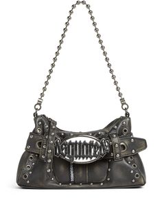 black calf leather faded effect rivet detailing logo plaque ball chain top handle adjustable detachable shoulder strap top zip fastening main compartment internal slip pocket silver-tone hardware Silver Top Handle Shoulder Bag With Gunmetal Hardware, Silver Leather Shoulder Bag With Branded Hardware, Silver Leather Bags With Logo Hardware, Silver Top Handle Shoulder Bag With Metal Hardware, Silver Top Handle Bags With Gunmetal Hardware, Silver Shoulder Bag With Logo Hardware For Everyday Use, Luxury Leather Shoulder Bag With Hardware Detail, Luxury Leather Shoulder Bag With Hardware, Edgy Rectangular Shoulder Bag With Hardware