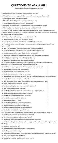 a question sheet with the words questions to ask a girl written in black and white