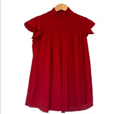 New Without Tags. Ruffle. Gorgeous Red. Chic Red Top With Ruffle Hem, Red Ruffled Stretch Tops, Red Stretch Ruffle Tops, Chic Red Blouse With Ruffles, Chic Red Flutter Sleeve Top, Zara Short Sleeve Blouse With Ruffles, Zara Blouse, Red Blouses, Zara Tops