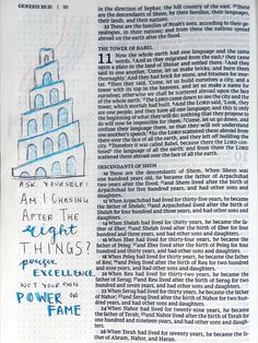 an open book with writing on it and a drawing of a tower in the middle