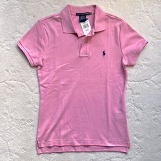 100% Cotton Slim Fit Polo By Ralph Lauren Pink Polo Collar Top For Summer, Fitted Ralph Lauren Pink Top, Fitted Pink Ralph Lauren Top, Ralph Lauren Polo Collar Tops For Spring, Pink Ralph Lauren Cotton Tops, Ralph Lauren Short Sleeve Spring Shirt, Ralph Lauren Summer Polo Collar Tops, Ralph Lauren Polo Collar Top For Summer, Ralph Lauren Spring Polo Collar Top