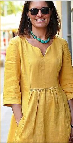 Gaun Fashion, Tunic Pattern, Fashion Blogger Style, Kurta Designs, Dress Sewing Patterns, Linen Dresses, Sewing Dresses, Yellow Dress, Dress Patterns