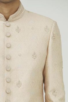 Shop for Vanshik Peach Brocade Silk Sherwani Set for Men Online at Aza Fashions White Churidar, Thread Embroidery, Churidar, White Beads, Mandarin Collar, Aza Fashion, Bead Work, Long Sleeve Blouse, Thread