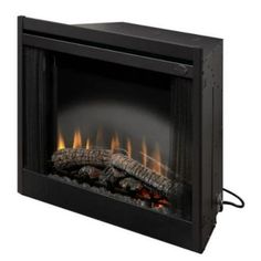 an electric fireplace with logs and flames