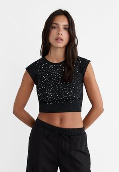 Studded T-shirt with cap sleeves - Women's T-shirts | Stradivarius United States Trendy Stretch Muscle Tee With Short Sleeves, Summer Cap Sleeve Tops, Stretch Cap Sleeve Tops, Trendy Cap Sleeve Top For Summer, Trendy Stretch Cap Sleeve T-shirt, Trendy Cotton Cap Sleeve Top, Athleisure Short Sleeve Muscle Tee, Casual Black Cap Sleeve Top, Black Cap Sleeve Casual Top