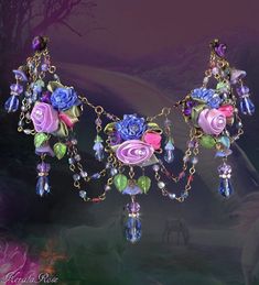 This Ornate Victorian beaded necklace is made with Periwinkle Blue, Light Violet, Fuchsia and Purple satin ribbon roses, glass leaf beads and Czech glass beads draped in 3 layers of luscious beauty!  The back is a lobster claw with extension chain.  Small matching teardrop earrings are available, they will be the same crystal teardrop beads as seen in the necklace with your choice of piercing. Metal Finishes Available: -Bronze (as pictured) -Silver -Gold -Ready to gift in decorative packaging -A Purple Whimsical Necklace For Party, Whimsical Purple Necklace For Party, Fantasy Chandelier, Violet Fairy, Satin Ribbon Roses, Ornate Jewelry, Ribbon Rose, Jewelry Purple, Ribbon Roses