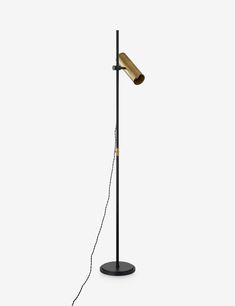 a black and gold floor lamp on a white background with a cord attached to it