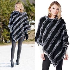 One Of My Absolute All-Time Favorite Pieces! It Looks Amazing On Everyone! I Mine And Wear It All Winter! Dress It Up Or Down!! Details In The Pics Black Poncho For Cold Weather In Fall, Black Cape For Cold Weather In Fall, One Size Black Poncho For Cold Weather, Cozy Black Cape Outerwear, Black Poncho Cape For Cold Weather, One Size Black Cape For Winter, Open Poncho, Fur Poncho, Fall Coats