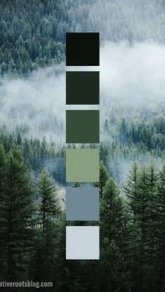 the color palette is green, white and grey with some trees in the foreground