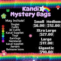 Just want singles bracelets? Check out the singles assortment item in my Etsy store! ❤️💙💜 Rave Kandi starter kit Mystery bags 🍭 Small: 2-4 Meduim: 5 Large: 6-9 Xtra large: 10-14 Gigantic: 15-20 🌈 Can include: Singles 3D cuffs Toys Kandi supplies Earrings Short necklaces Charms Perlers Cuffs Rainbow loom ❤️ Necklace Variations: long with perler, long with beaded charm, long, short with perler, short with beaded charm, short, Choker, choker with charm ❤️ Just want singles bracelets? Check out the singles assortment item in my Etsy store! IMAGE & DESCRIPTION UP-TO-DATE Rainbow Loom Popsicle Charm, Cheap Beaded Rave Bracelets As Gift, Kandi Charms Ideas, Kandi Bracelets Tutorial, Perler Small, Matching Kandi Bracelets, Kandi Singles Ideas, Kandi Bag, Kandi Charms