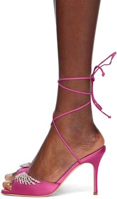 Handcrafted satin heeled sandals in pink. · Open toe · Crystal-cut hardware at vamp · Wraparound self-tie ankle strap · Logo flag at buffed leather footbed · Covered stiletto heel with rubber injection · Leather sole · Heel: H3.75 Supplier color: Pink Luxury Single Toe Strap Lace-up Sandals For Spring, Pink Lace-up Open Toe Sandals With Heel Strap, Chic Ankle-tie Heels With Heel Loop, Spring Gala Heels With Sculpted Heel, Pink High Heel Lace-up Sandals With Heel Strap, Spring Ankle Tie Heels With Sculpted Heel, Party Sandals With Padded Heel And Ankle Tie, Evening Heels With Ankle Tie And Heel Loop, Pink Lace-up Sandals With Ankle And Heel Strap