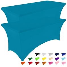 an image of a blue table cloth with different colors and sizes on it for display